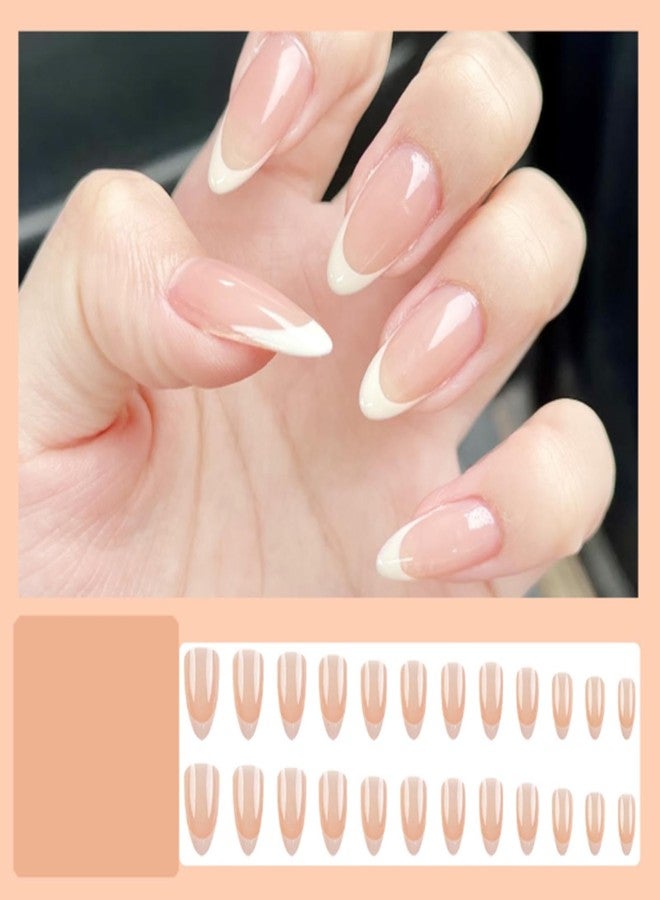 YoYoee 24Pes Short Nude Press on Nails - French Fake Nails Almond False Nails Glossy Full Cover Nails Tips for Women - Image 2